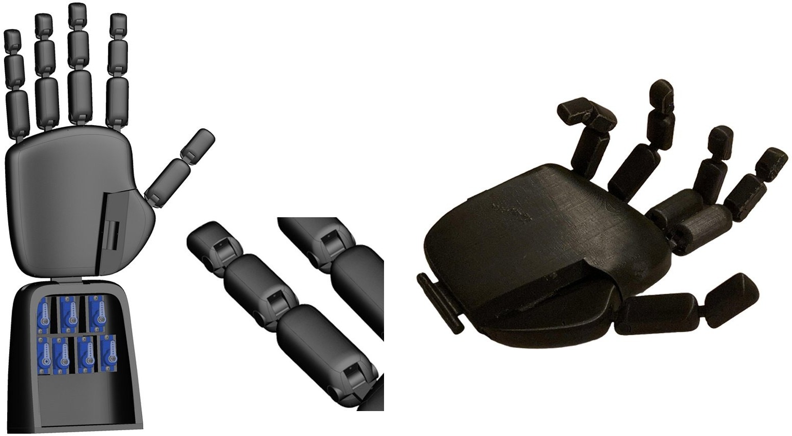 Robotic hand - CAD render, joint detail, printed prototype